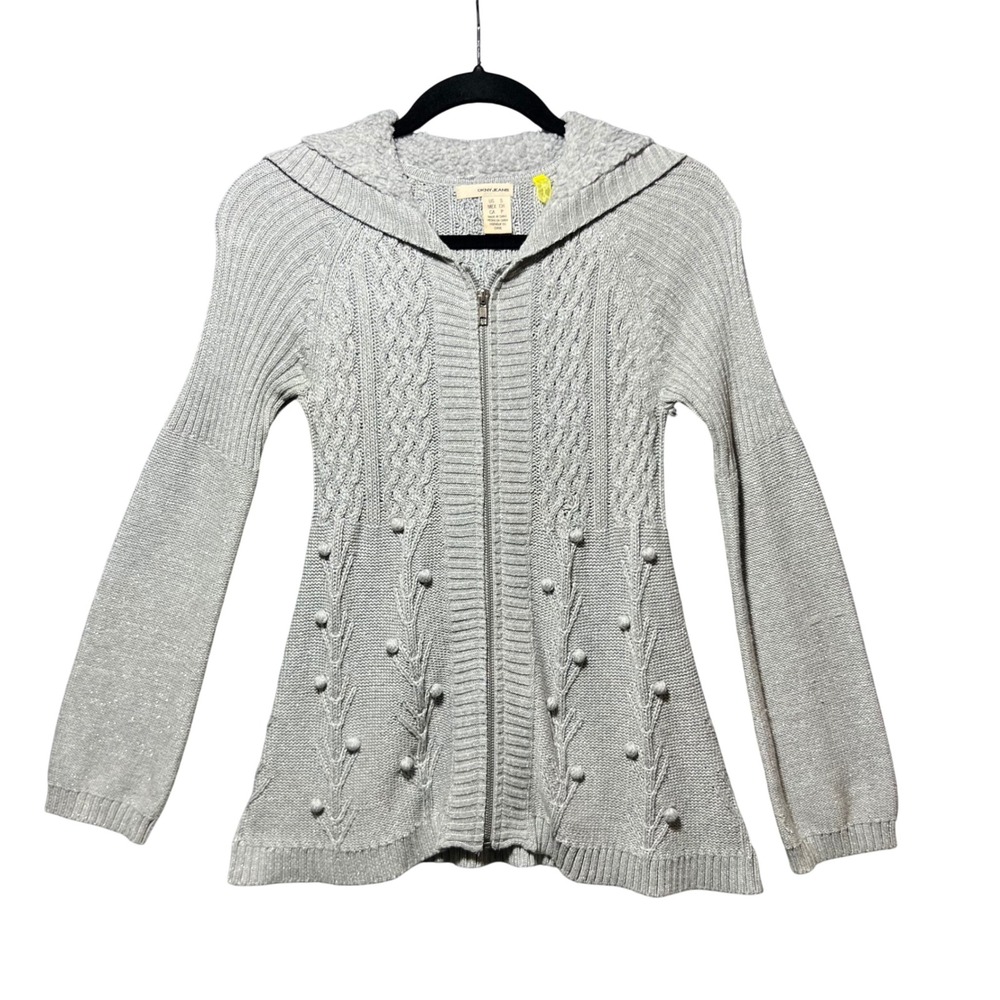 DKNY Jeans Cardigan Sweater Metallic Silver Cable‎ Knit Hooded Zip S